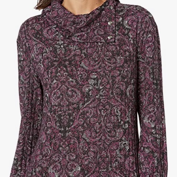 London Times Blurry Medallions Turtleneck Shift Wine & Grey Paisley, Size L, NWT - Picture 2 of 10
